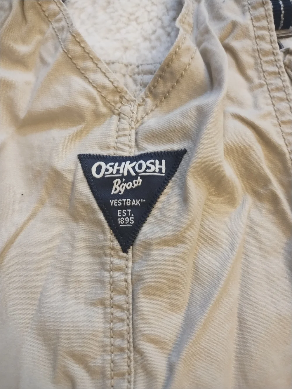 OshKosh B'gosh Tan Short Overalls with Navy Striped Straps